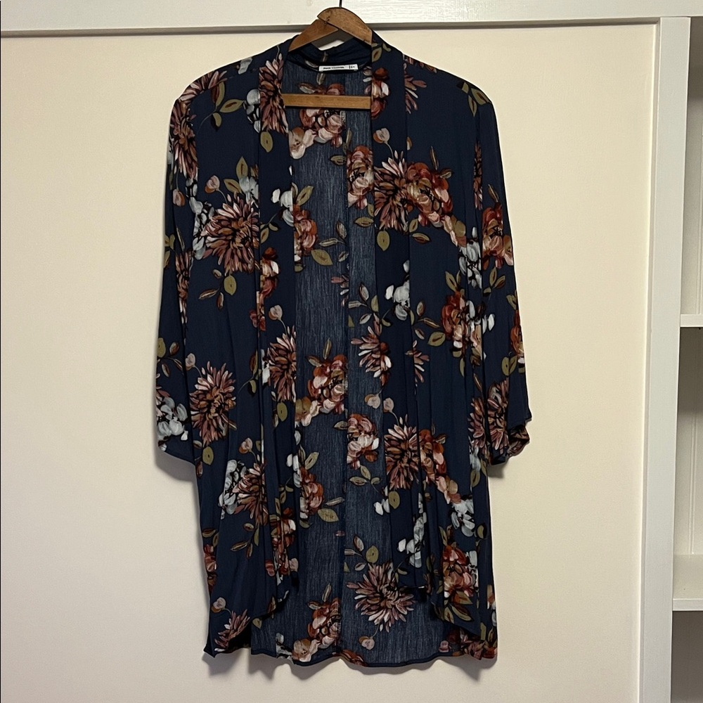 Pink Clover Floral Kimono Cardigan - Navy and Rust